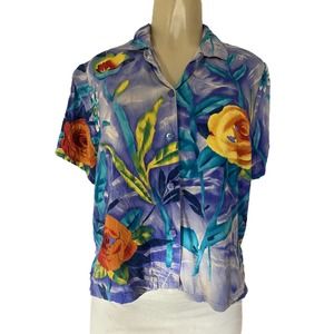 Jams World Button Down Shirt Top Blouse Short Sleeve W624 Velvet Rose Fl…